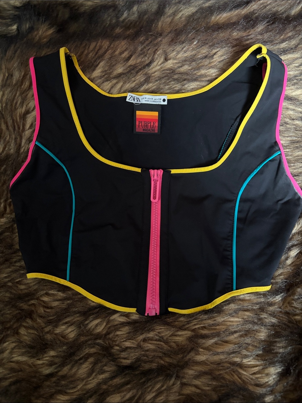 Zara Purple Magazine collab - Cropped Zipper Closure Top Black/Neon Size M